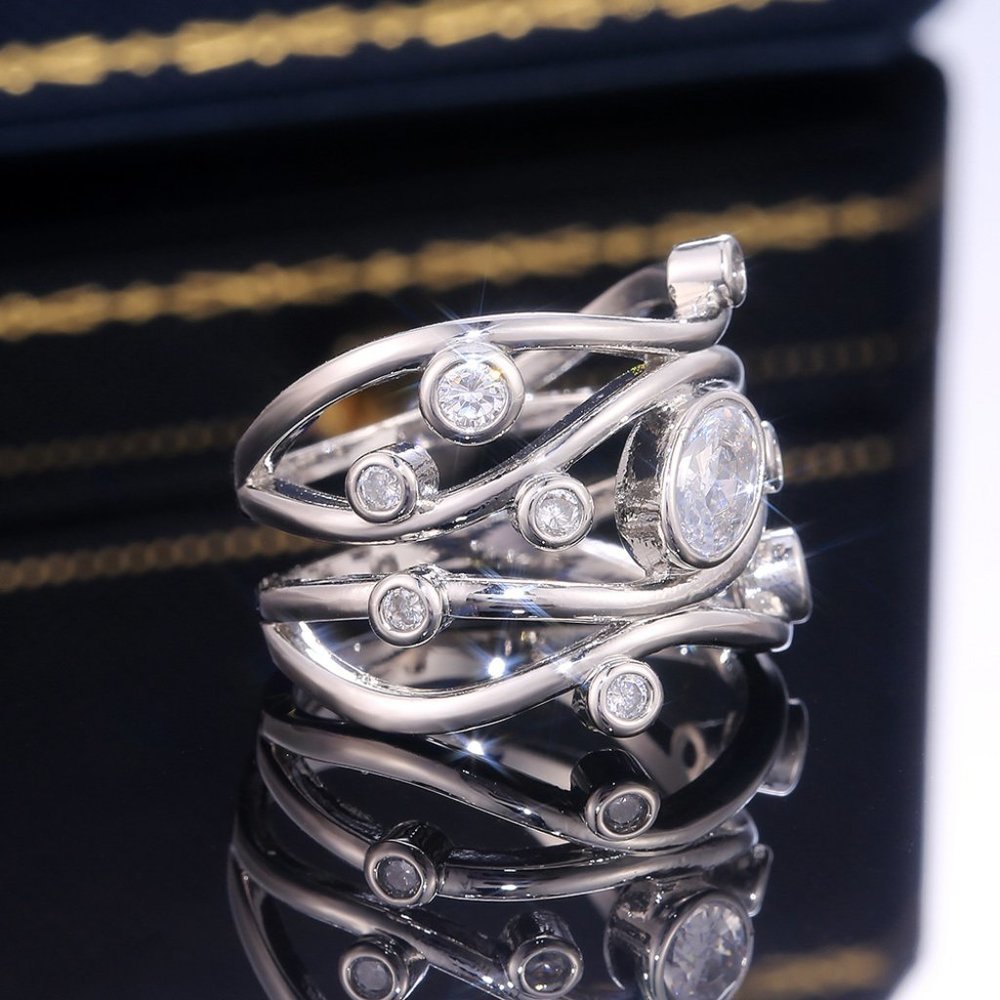 💞 Multi Layer Stackable Wave Water Drop White Oval Zircon Rings Women, PD225 - Picture 5 of 6